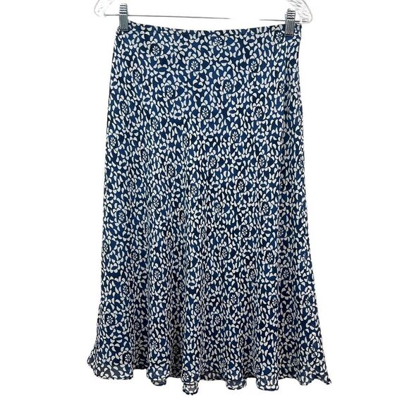 Talbots Women Silk Maxi Skirt Floral Lined Side Zip Blue White Size